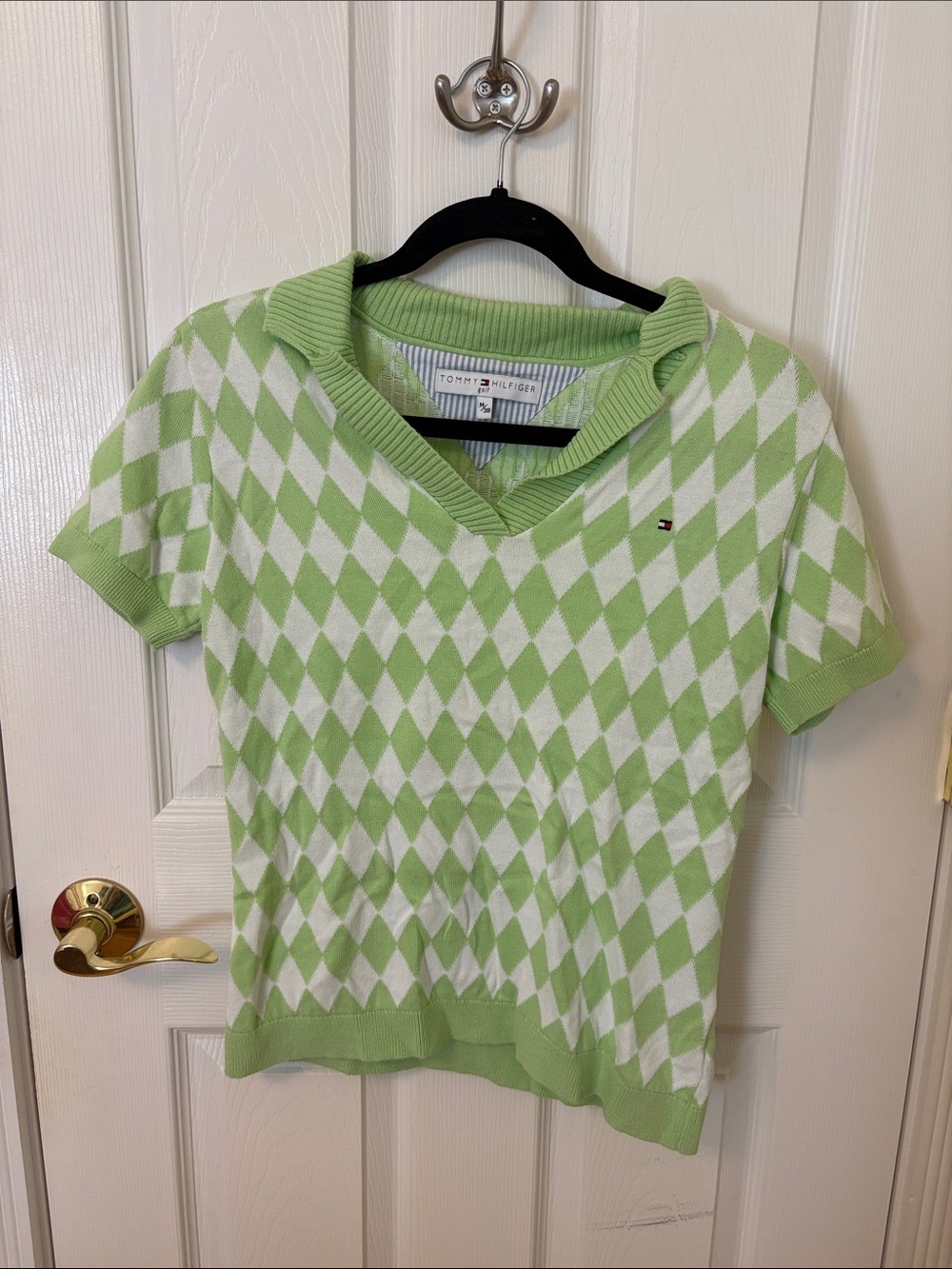 Tommy Hilfiger Golf Light Green & White Argyle V-Neck Polo